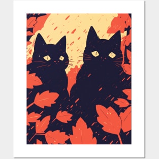 Black Cat Autumn Theme Painted Art Posters and Art